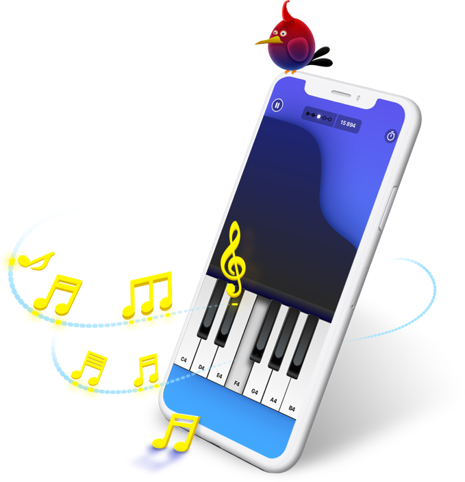 Gismart Piano Smartphone with keyboard on screen and floating music notes
